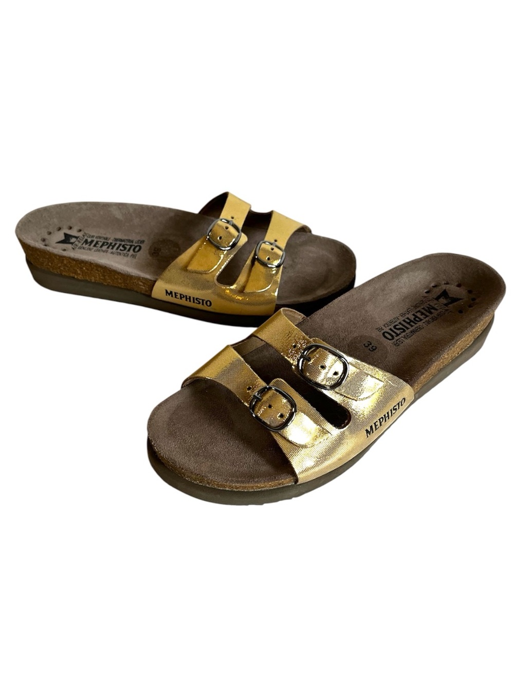 Mephisto Metallic Gold double strap slide cork sandal EU 39